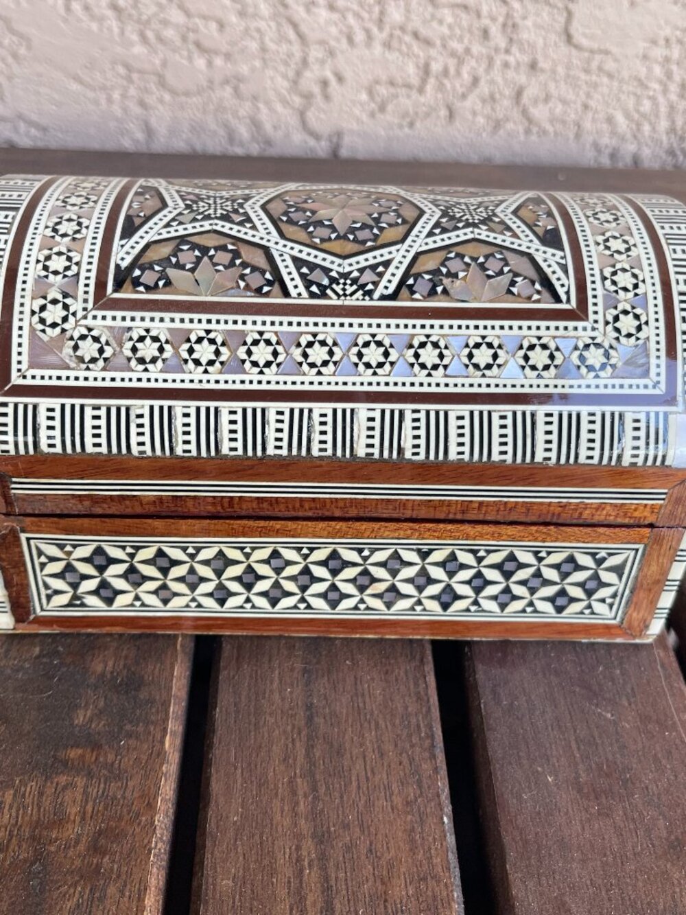 Vintage Egyptian Handmade Wood & Mother of Pearl Inlay Jewelry Box